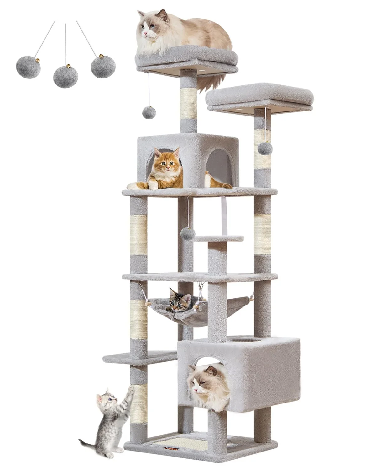 Advanced Taoqimiao Cat Tree 68-Inch Cat Tower for Indoor Cats MS020SW Light Gray — Plush Multi-Level Condo with 6 Scratching Posts 2 Perches 2 Caves Hammock Carefully Designed