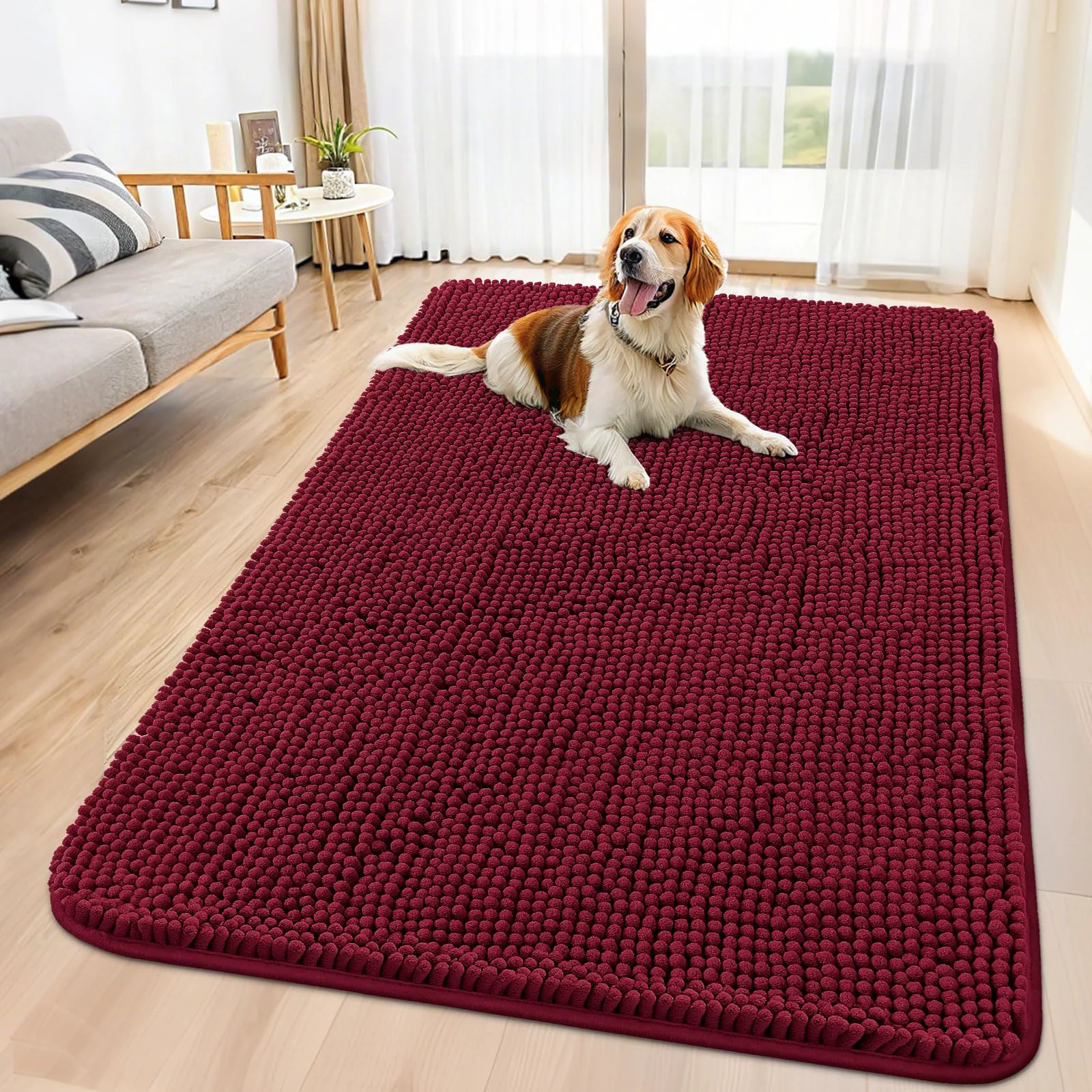 Eco-Friendly Smiry Dog Door Mat 59x35 - Absorbs Moisture Dirt Non-Slip Chenille Burgundy Lightweight