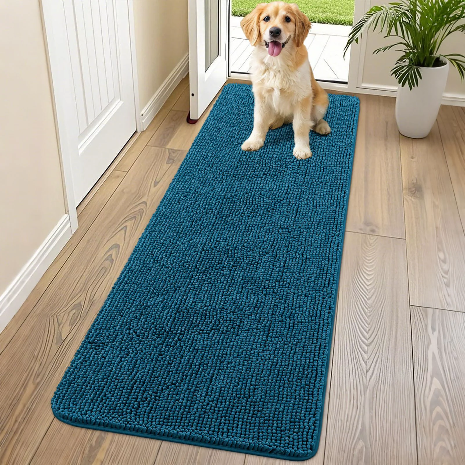 Specialty Smiry Dog Door Mat for Muddy Paws 70x24 – Absorbs Moisture Dirt Non-Slip Washable Atlantic Blue Safe