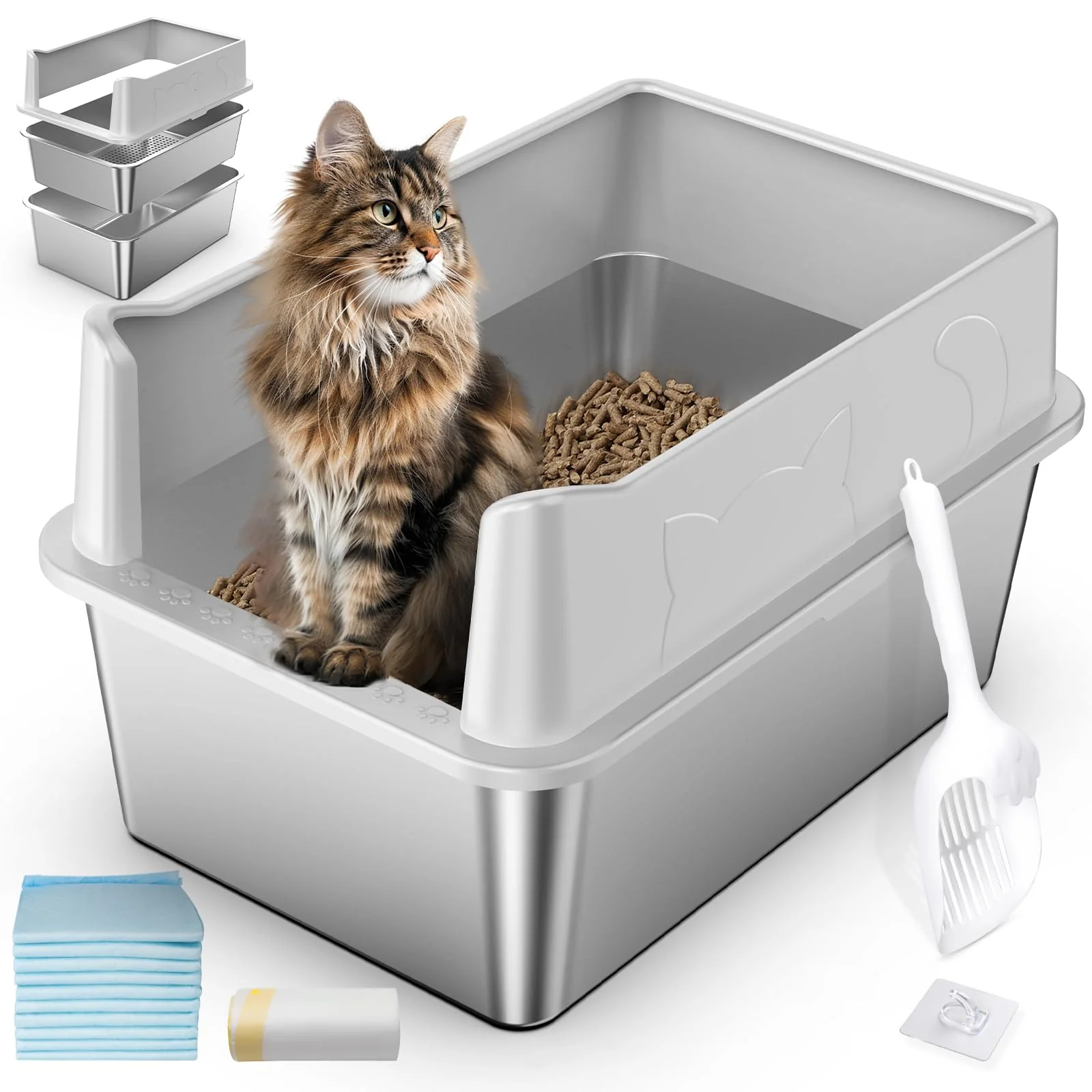 Authentic Zuqqony Stainless Steel Sifting Litter Box – Enclosed Anti-Leakage Large for Big Multi-Cat Homes Official