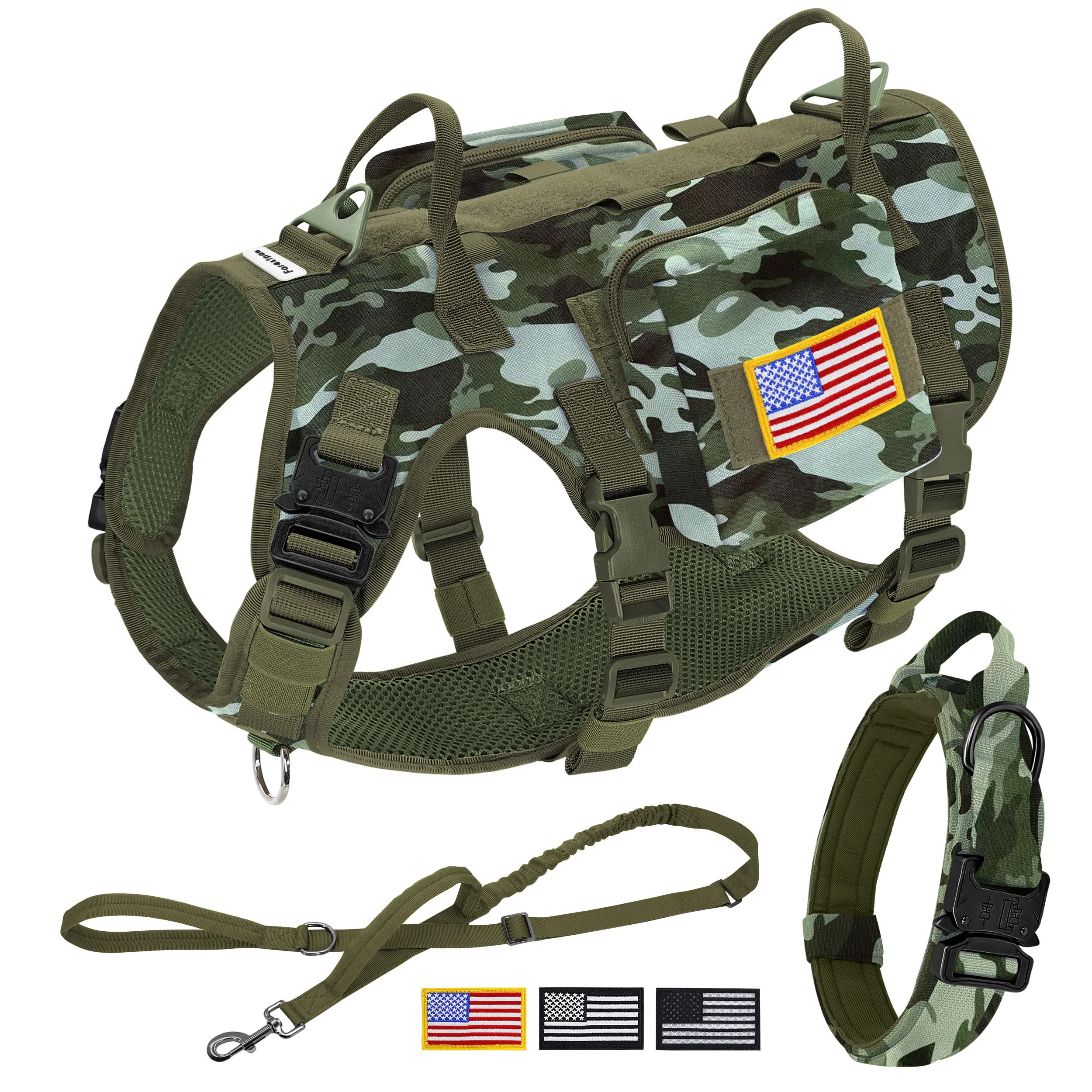 Authentic Forestpaw Tactical Dog Harness Bungee Leash Set – No-Pull Adjustable Camouflage Green Fine Crafted