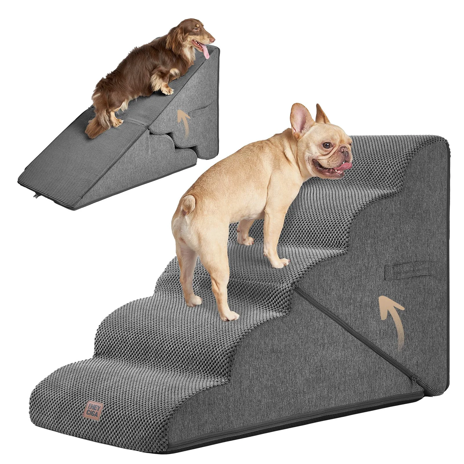 Certified EHEYCIGA Curved Foldable 5-Step Dog Stairs for High Beds – Non-Slip Pet Steps Grey Excellent