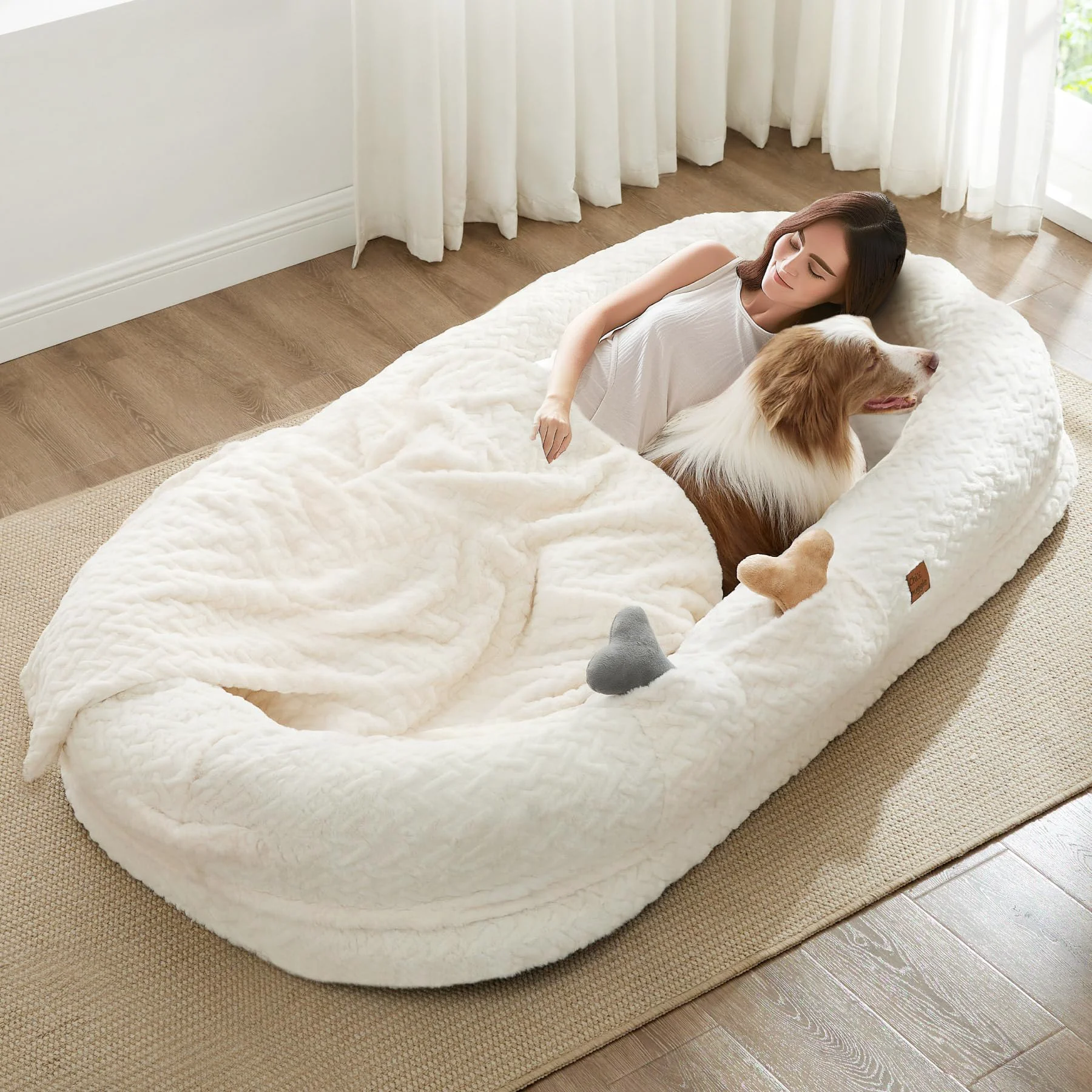 Superior ChiXnuggle Human Dog Bed for Adults - Luxury Faux Fur Giant Size Bed with Orthopedic Foam 72x40x10 Ivory White High-End