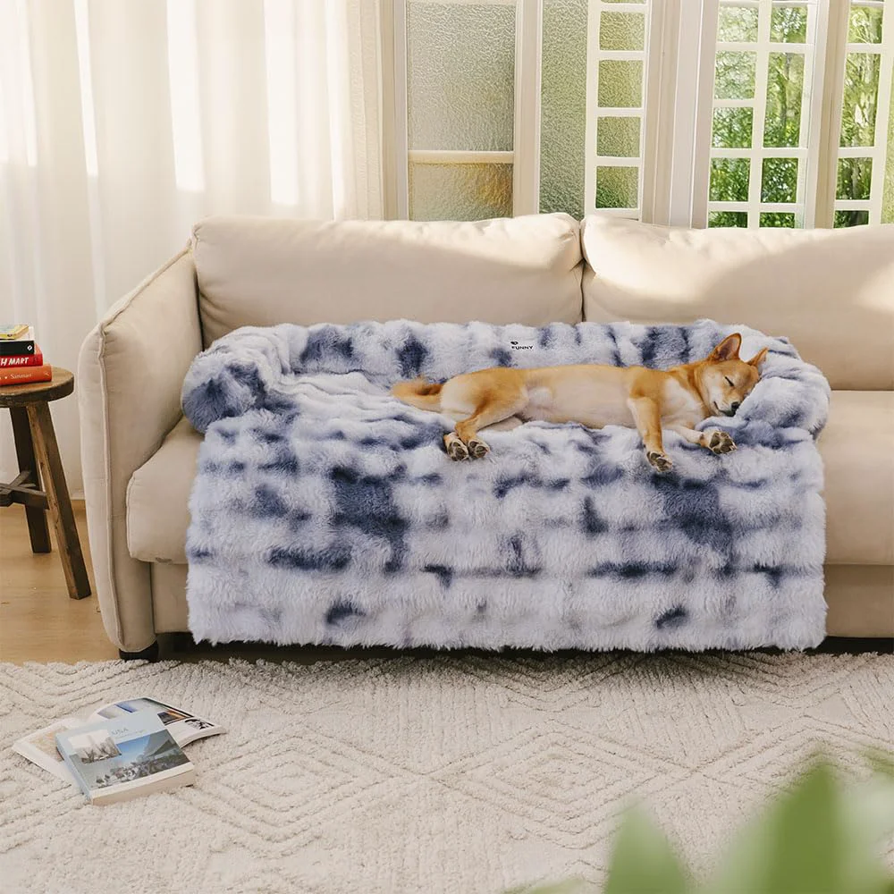 Elegant FUNNY FUZZY Pet Fluffy Plush Calming Couch Bed – Tie-Dye Blue 47.24 x 37.4 x 6.3 in Elite