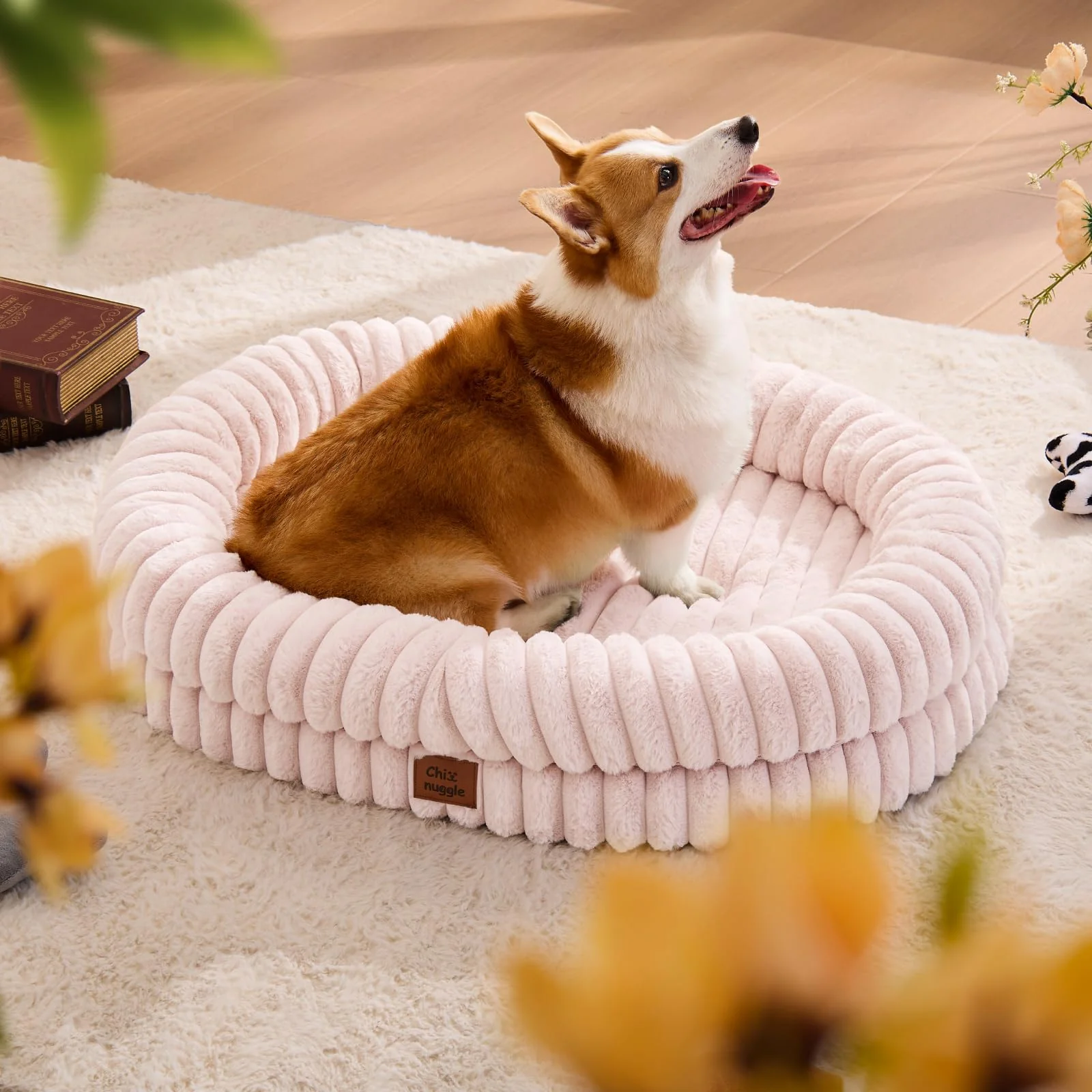 Casual ChiXnuggle Large Pink Orthopedic Dog Bed with Plush Faux Fur and Waterproof Cover Green