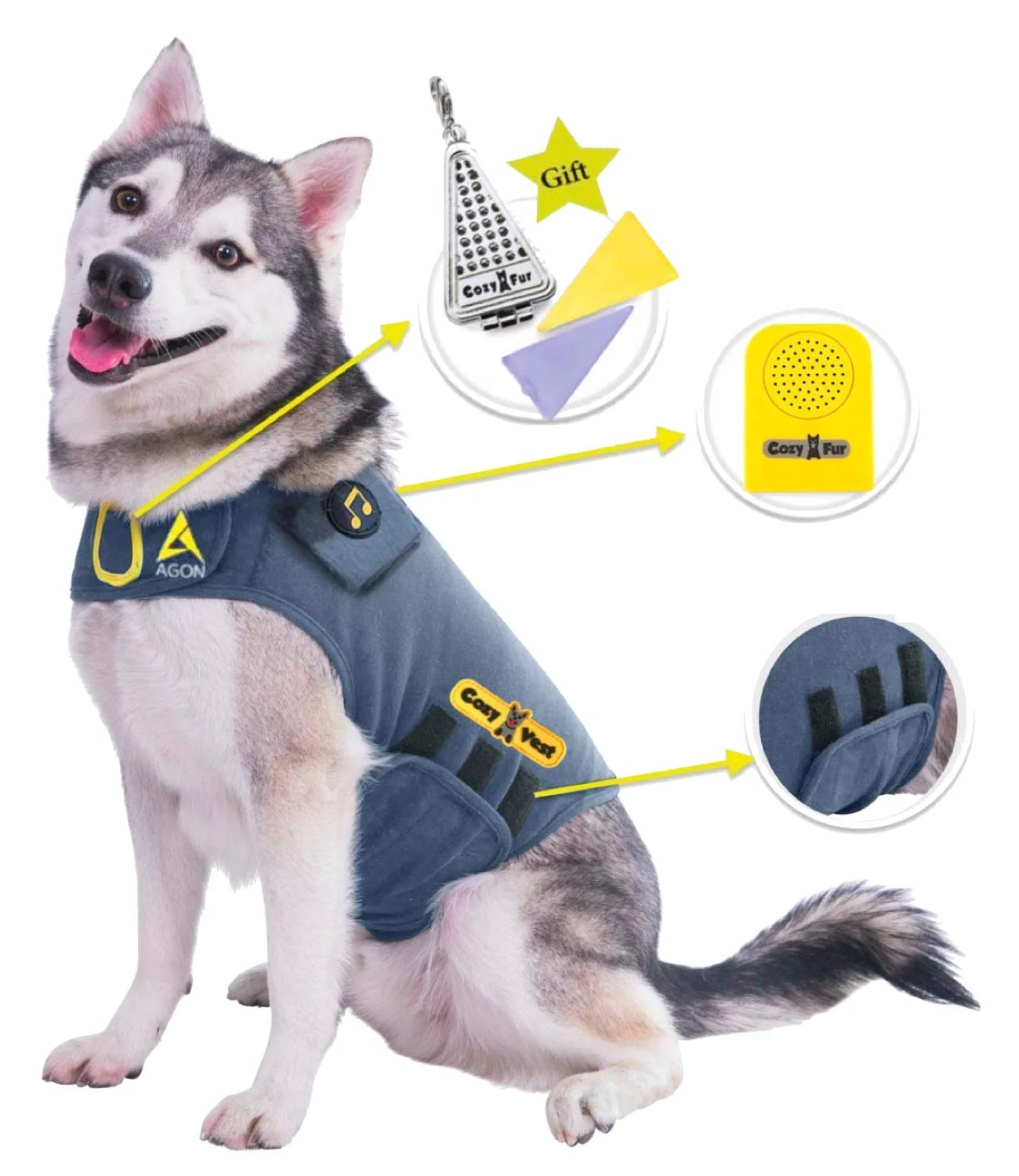 Next-Generation CozyVest® Dog Anxiety Vest 3-in-1 Music Aromatherapy Shirt – Gray Large 41-64 lbs Convenient