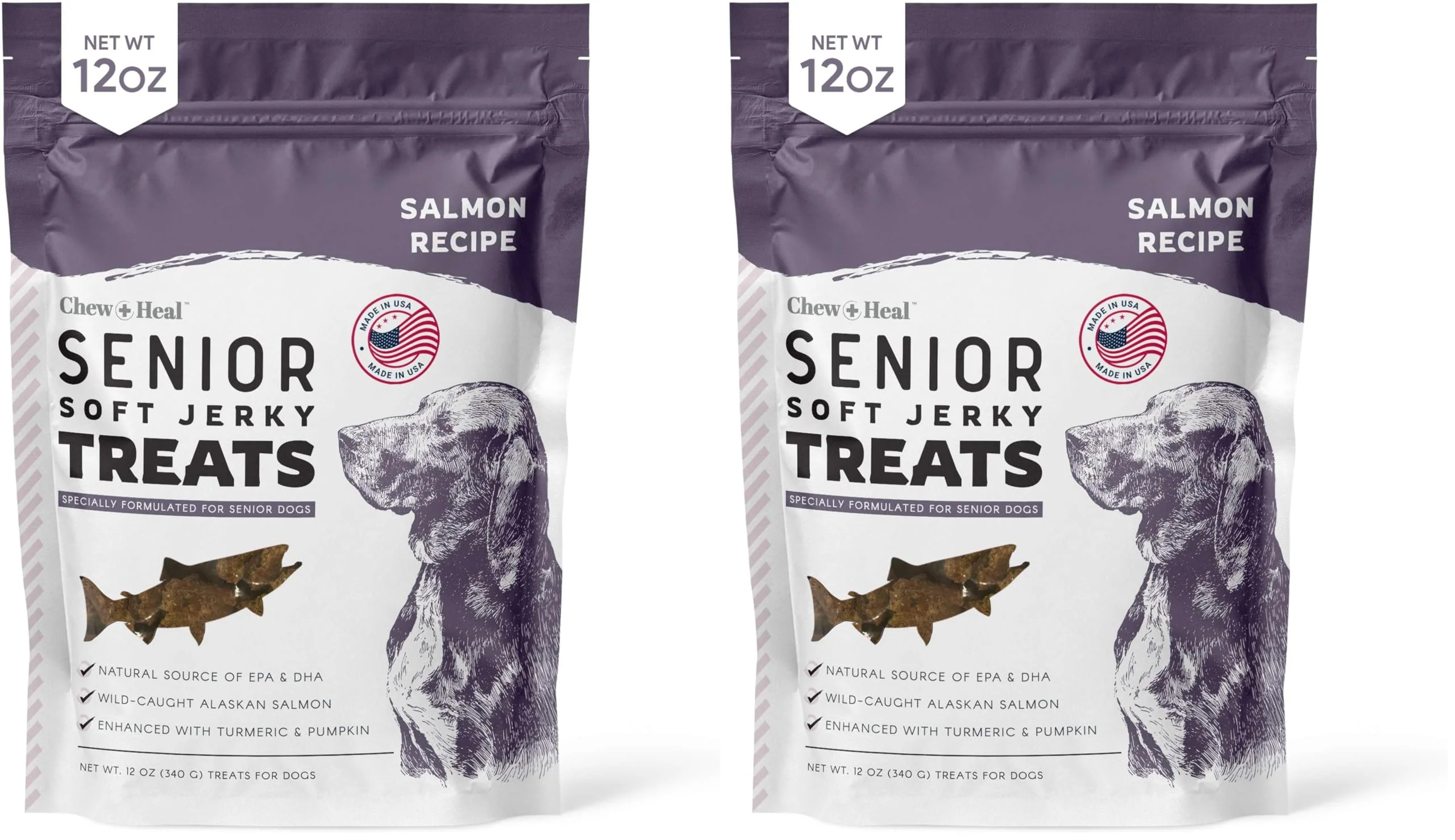 Responsible Chew Heal Labs Seniors Soft Jerky Salmon Dog Treats — 12 oz Wild-Caught Salmon Turmeric Joint Support USA Pack of 2 Sophisticated