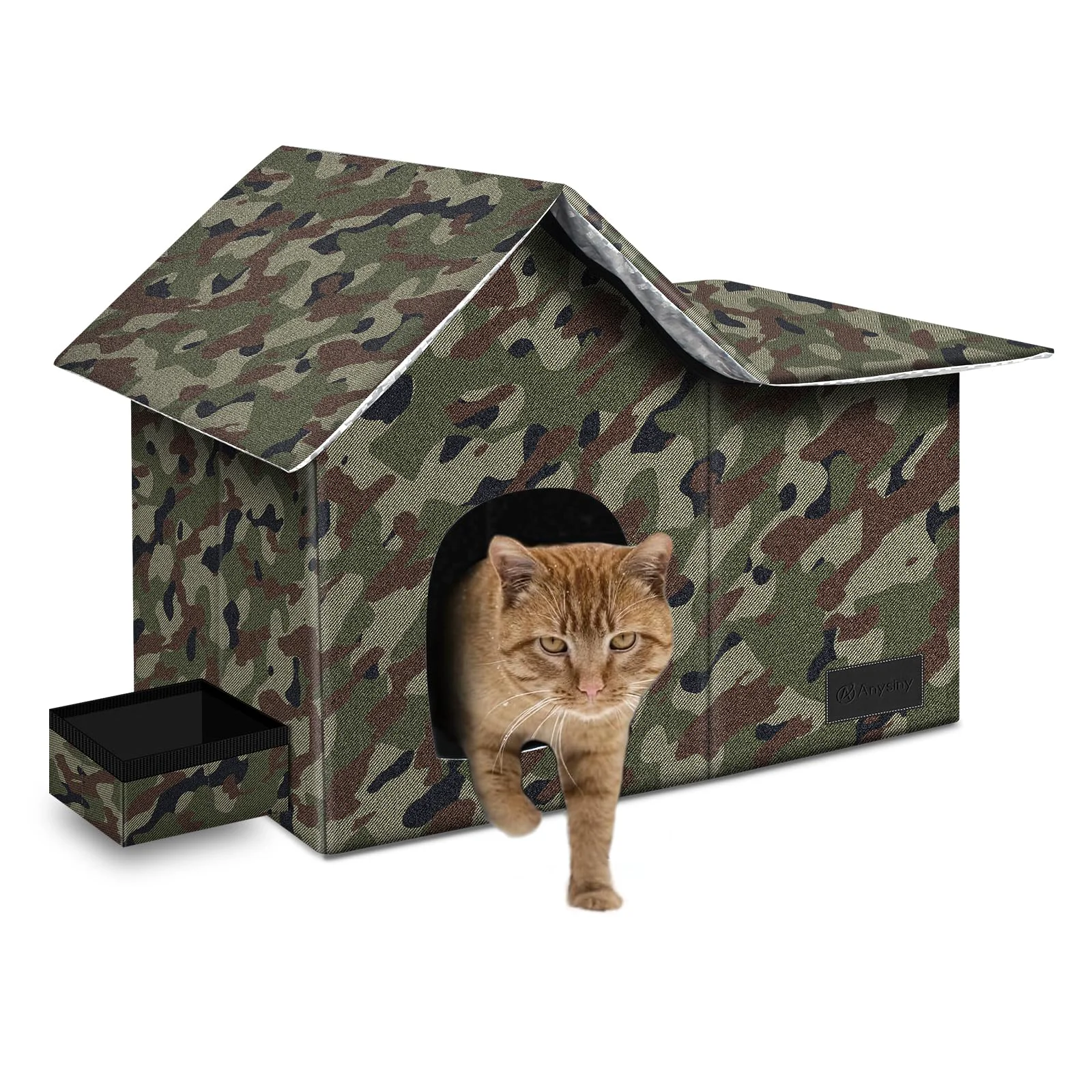 Refined Anysiny Large Weatherproof Outdoor Cat House – Collapsible Shelter with Removable Mat Bowl Camo Reliable