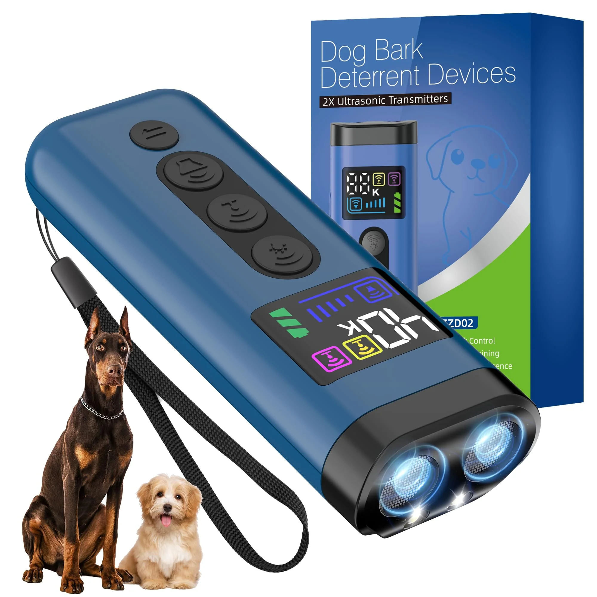 Crafted Phzibor Dog Bark Deterrent Device – 65 Ft Range 3X Ultrasonic Trainer with Color Display Blue Verified