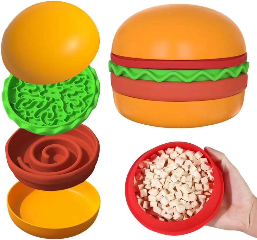 Functional Multiple Use Pet Feeding Set Cute Hamburger-Shaped 5 Stackable Bowls for Small Dogs and Cats Anti-Choking Slow Food Feeder Raised Bowls Travel Cat Bowls Reliable