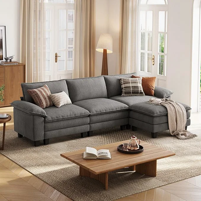 Professional LINSY HOME 123'' Modular Sectional Sofa Grey Couch Corduroy Cloud Couches for Living Room L Shaped Couch with Movable Ottoman Modern Cloud Sectional Sofas for Bedroom and Apartment GreyAbout ThisOverview Quality