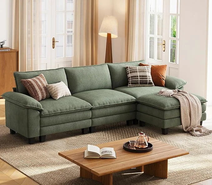 Soft LINSY HOME 123'' Modular Sectional Sofa Green Couch Corduroy Cloud Couches for Living Room L Shaped Couch with Movable Ottoman Modern Cloud Sectional Sofas for Bedroom and Apartment GreenAbout ThisOverview Safe