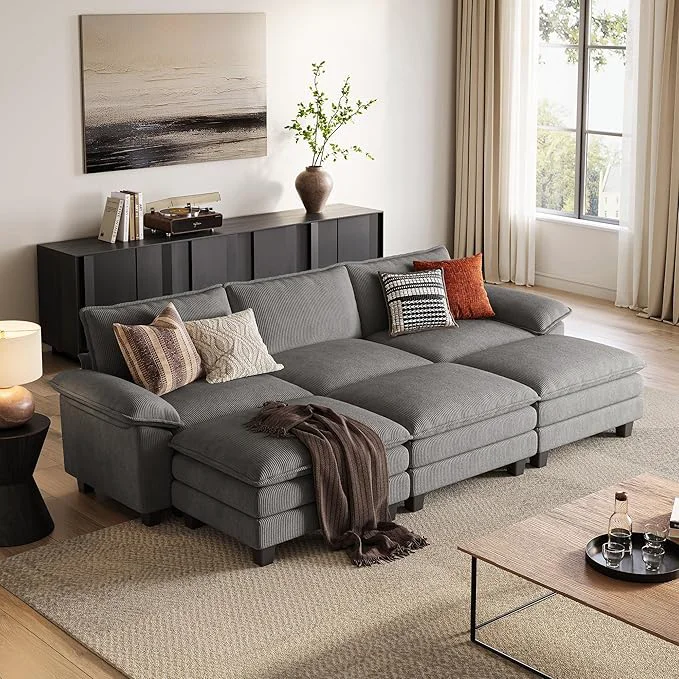 Quality LINSY HOME Modular Sectional Sofa - 123 Inch Oversized Corduroy Cloud Couch with Movable Ottoman Soft Modern Comfy Sofa Set for Living Room Apartment Office GreyAbout ThisOverview Safe