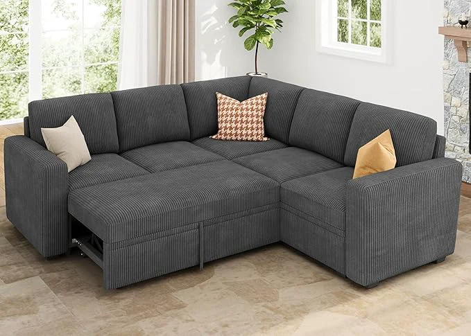 Prestigious HONBAY Modular Sectional Sleeper Sofa with Pull Out Bed Corduroy L Shaped Couch with Storage Seats Convertible Sectional Couches for Living Room Dark GreyAbout ThisOverview User-Friendly