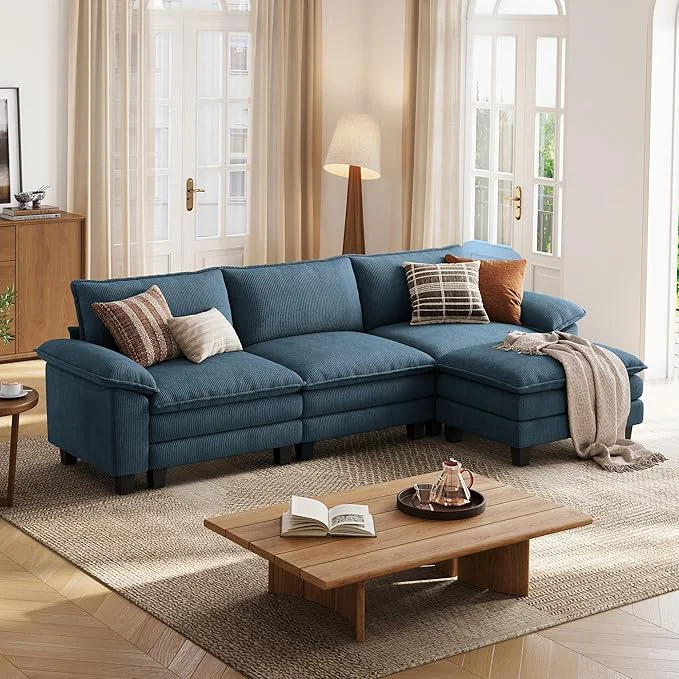 World-Class LINSY HOME 123'' Modular Sectional Sofa Blue Couch Corduroy Cloud Couches for Living Room L Shaped Couch with Movable Ottoman Modern Cloud Sectional Sofas for Bedroom and Apartment BlueAbout ThisOverview Fine
