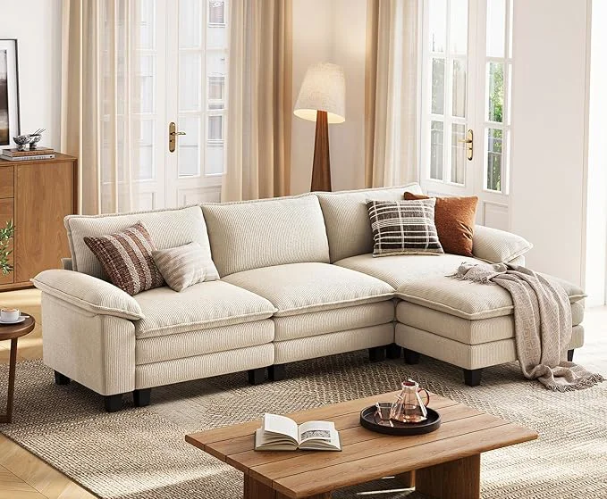 Responsible LINSY HOME 123'' Modular Sectional Sofa Beige Couch Corduroy Cloud Couches for Living Room L Shaped Couch with Movable Ottoman Modern Cloud Sectional Sofas for Bedroom and Apartment BeigeAbout ThisOverview User-Friendly