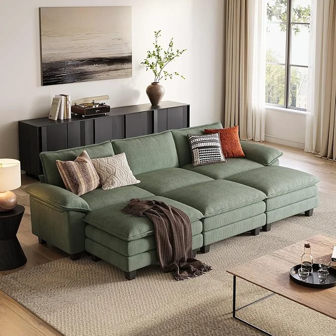 Solid LINSY HOME Modular Sectional Sofa - 123 Inch Oversized Corduroy Cloud Couch with Movable Ottoman Soft Modern Comfy Sofa Set for Living Room Apartment Office GreenAbout ThisOverview First-Class