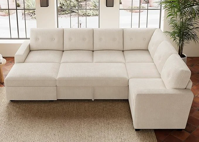 Crafted HONBAY 106.2 Inch U-Shaped Sectional Sleeper Sofa with Pull-Out Bed Storage Ottoman 7-Seater Sectional Sofa for Living Room Pet-Resistant Corduroy Couch BeigeAbout ThisOverview Superior