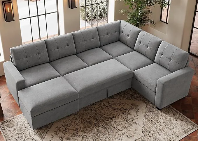 Long-Lasting HONBAY 106.2 Inch U-Shaped Sectional Sleeper Sofa with Pull-Out Bed Storage Ottoman 7-Seater Sectional Sofa for Living Room Pet-Resistant Fabric Couch GreyAbout ThisOverview Convenient