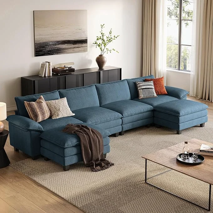 Trendy LINSY HOME 157'' Modular Sectional Sofa Blue Couch Corduroy Cloud Couches for Living Room U Shaped Couch with Movable Ottoman Modern Cloud Sectional Sofas for Bedroom and Apartment BlueAbout ThisOverview Safe