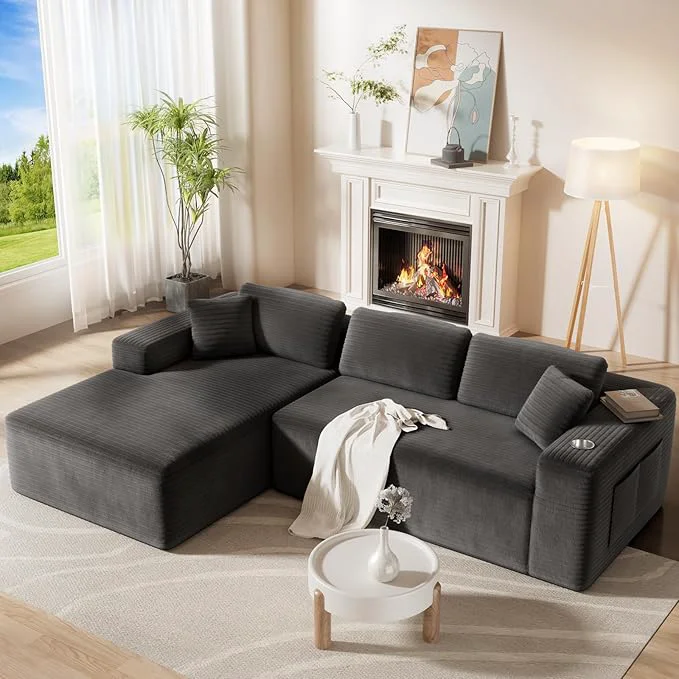 Selected 108 Cloud Sectional Couch in One Box Compressed Modular Sectional Sofa with Deep Seat Corduroy Boneless Couches L-Shaped Sofa for Living Room 4 Storage Pockets Left Facing Chaise Grey About ThisOverview Sophisticated