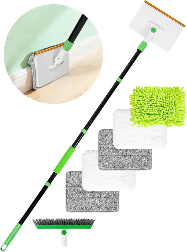 Efficient 4-in-1 Baseboard Cleaning Tool with Handle 5 Reusable Pads 1 Stiff Bristle Brush Carpet Rake for Pet Hair Removal Baseboard Cleaner Carpet Windows Wall Floor Bathroom KitchenAbout ThisOverview Healthy