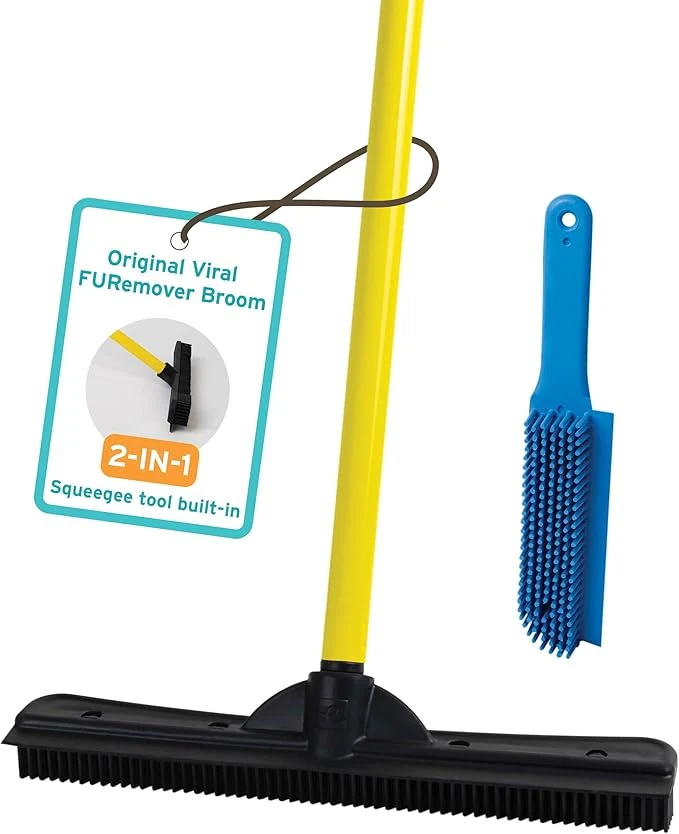 Smooth FURemover Pet Hair Rubber Broom with Squeegee with 58 Telescopic Handle for Carpet Tile and Hardwood and Handheld Lint Brush ComboAbout ThisOverview Soft