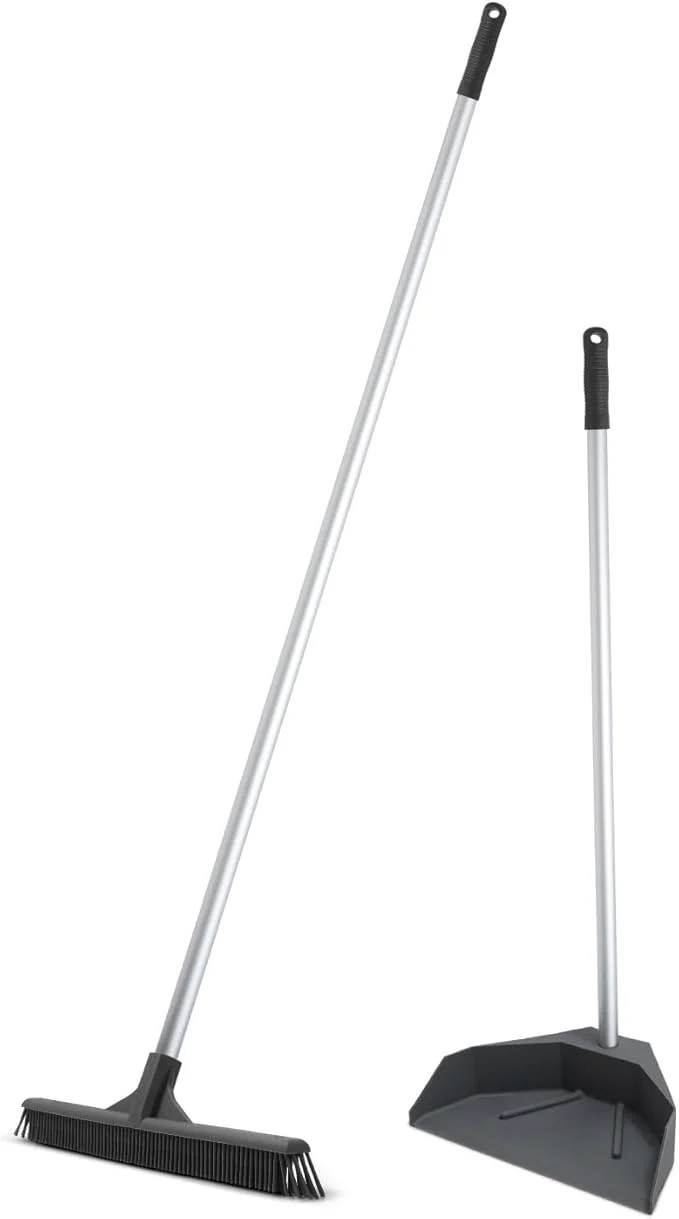 Convenient Superio Silicone Dust Pan with 35 Aluminum Long Handle 16 Pet Hair Remover Silicone Broom - Lobby Dustpan Stand-Up Carpet Rake Set for Hardwood Tile and Rugs - GrayAbout ThisOverview Exceptional