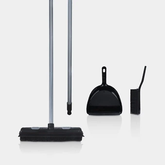 Recyclable Rubber Bristle Broom and Rubber Squeegee Snap on Dustpan Set with Portable Push Broom Rug Squeegee and Extendable Telescoping Handle for Pet Hair Removal Home Office Fabric Carpet Floor Desk BlackAbout ThisOverview Artisan