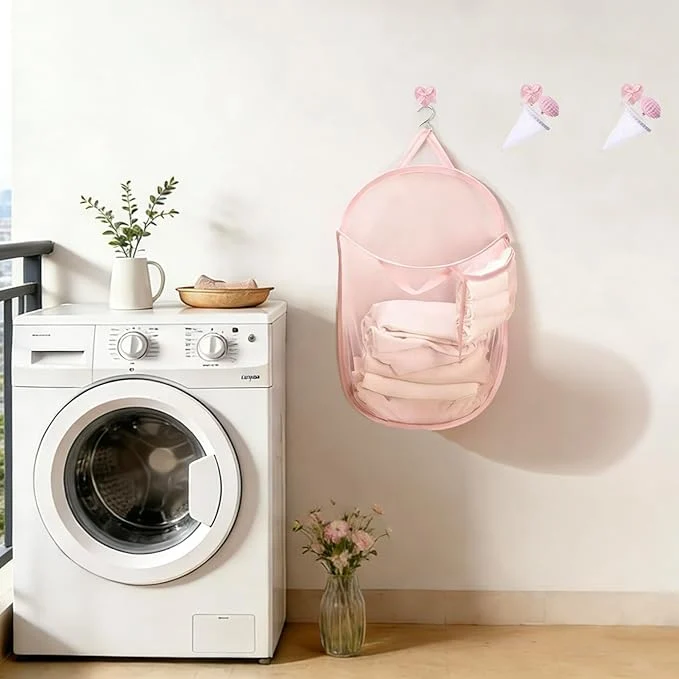Detailed Pink Foldable Mesh Pop Up Laundry Hamper Set with Washing Machine Pet Hair Catcher Lint Remover Self-Adhesive Bow Hooks – Breathable and Space-Saving Design for Balcony Laundry Room OrganizationAbout ThisOverview Versatile