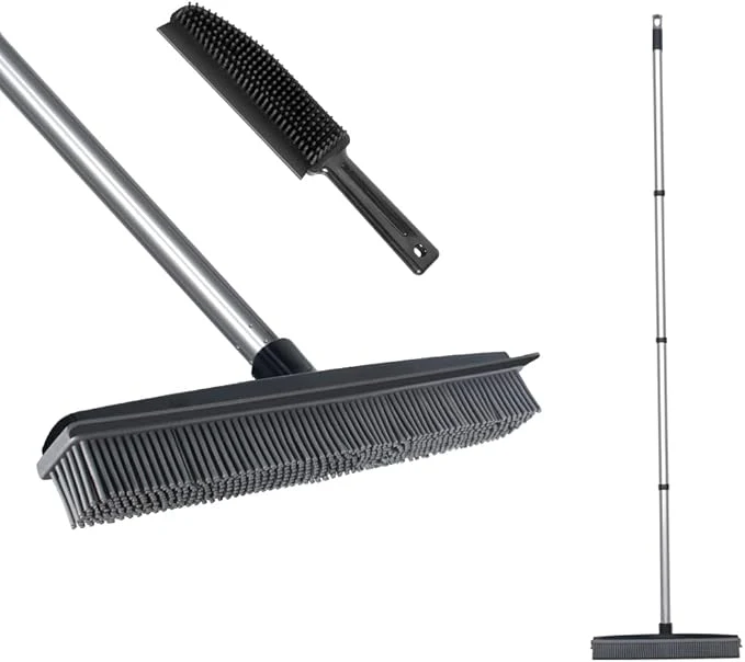 Advanced Rubber Broom with Squeegee Fur and Long Handle Carpet Rake and Lint Brush Set for Pet Dog Cat Hair Removal Tool Sweeping Rug Brush Indoor Outdoor Push Broom for Soft Carpet Tile Wooden FloorAbout ThisOverview Responsible