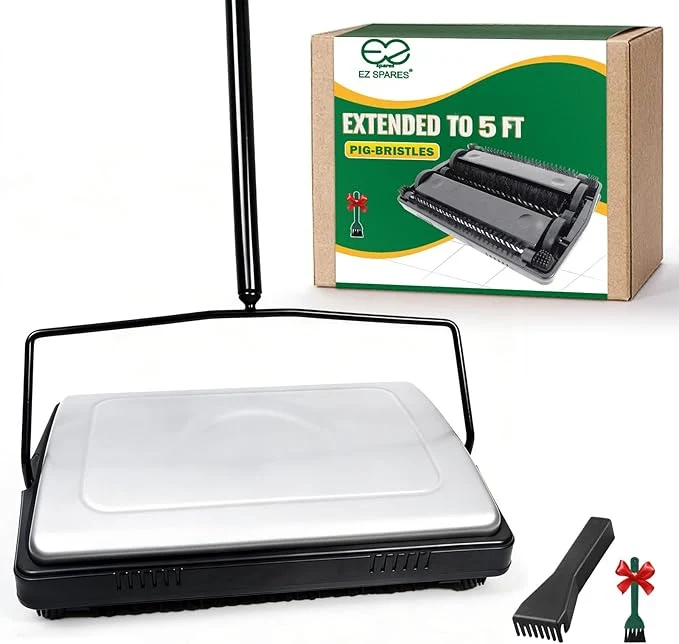 Environmentally Friendly EZ SPARES Quiet Carpet Sweeper Floor Sweeper with Pig-Bristles Suitable for Carpet Cleaning Power Roller Brush Strong Bristle Sweeper Great for House Office Kitchen Carpet Silver About ThisOverview High-Quality