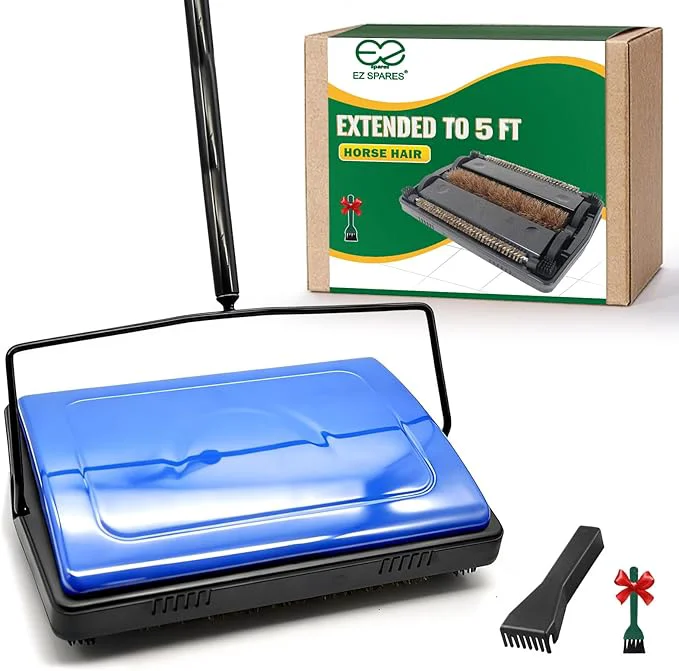 High-End EZ SPARES Horsehair Carpet Sweeper Cleaner-5FT with Extension Pole for Any Height Natural Water-Absorbent Horsehair Brush for Wet Dry Spills Soft on Carpet Hardwood Pet Hair Cleaner for Home Blue About ThisOverview Professional