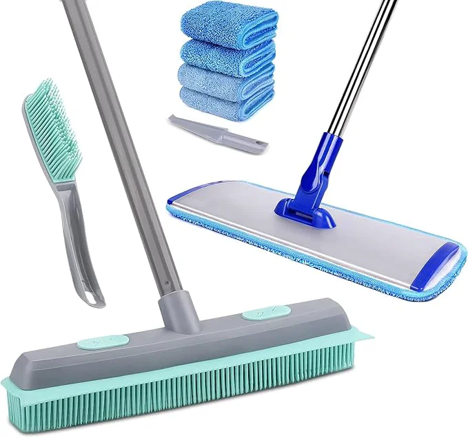 Environmentally Friendly Conliwell Rubber Broom Carpet Rake for Pet Hair Fur Remover Broom with Squeegee and 18 Professional Microfiber Mop Floor Cleaning SystemAbout ThisOverview Stylish