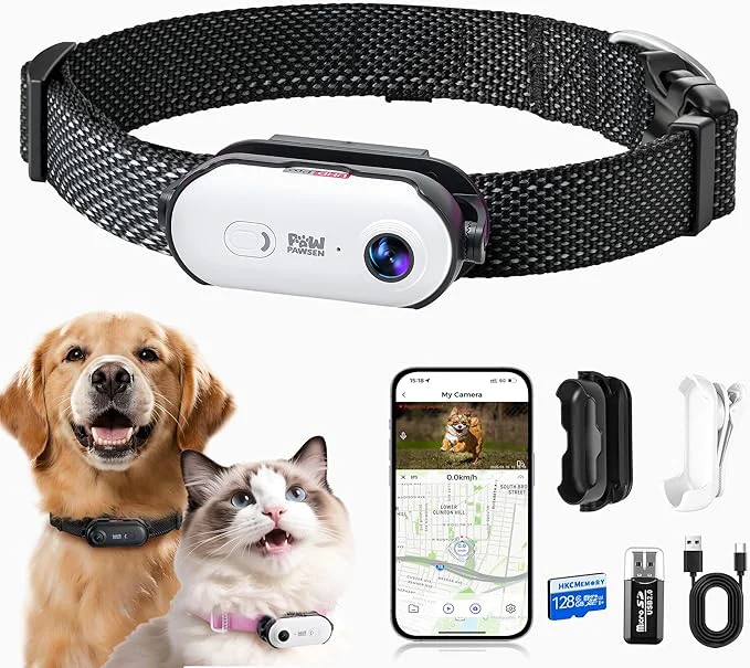 Genuine 4K UHD Dog Cat Pet Camera Collar Video Recorder with Phone App View Outdoor Indoor POV Action Cam for Small and Medium-Size Dogs White - Black Nylon Collar - M 128g About ThisOverview Enhanced