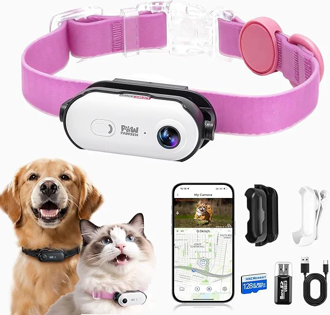 Easy-to-Use 4K UHD Cat Dog Pet Camera Collar Video Recorder with Phone App Live View Outdoor Indoor POV Action Cam for Kitty and Big Cats White - Pink Waterproof Collar - S 128g About ThisOverview Genuine