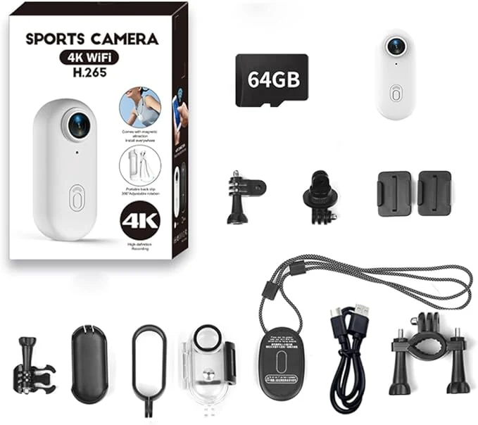 Stylish 4K Mini Action Camera Included 64GB Wearable Camera with 360°Rotatable Clip Magnetic Clip for Lecture Traveling Pet Walking and Outdoors Activities JS-10W White Full BundleAbout ThisOverview Practical