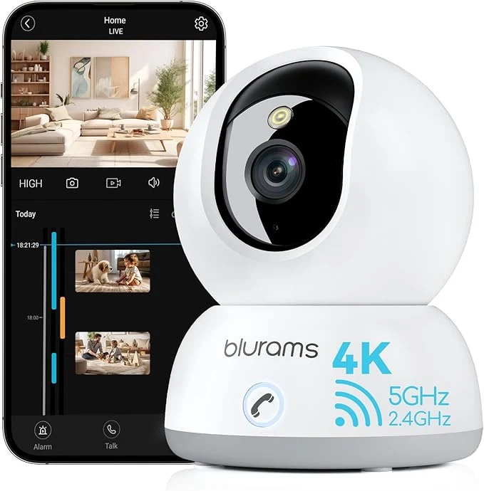 Modern blurams 4K Indoor Cameras for Home Security 360° PTZ Pet Camera with Phone App One-Touch Call Human Pet Motion Sound Cry Detection Dual-Band WiFi 6 Work with AlexaAbout ThisOverview Optimized