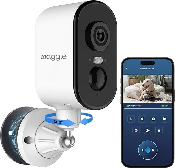 Recyclable Waggle 4G LTE Cellular Security Camera 2K HD Pet Monitor 300° Pan No WiFi 9000mAh Battery Night Vision 2-Way Talk Siren Alarm- R Camping Travel Indoor Outdoor - Subscription RequiredAbout ThisOverview Carefully Designed