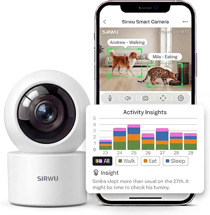 Trendy AI Pet Camera Indoor with Phone App Dog Camera with Speaker Multi-Pet Recognition AI Day Summary 2K 3MP Cat Camera for Indoor 360° Auto Tracking Night Vision 2-Way Talk WiFi 2.4G 5GAbout ThisOverview Organic
