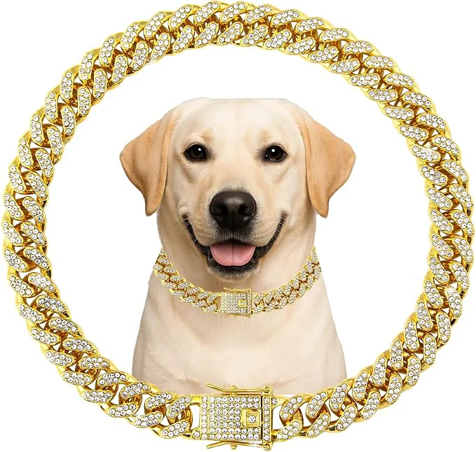 Next-Generation Dog Chain Designer Gold Crystal Pet Collar Cuban Link Chain Dependable