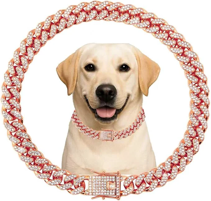 Stylish Cuban Link Dog Chain Collar Rose Gold Crystal Dog Necklace Metal Verified