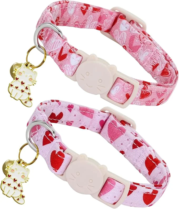 Professional Valentine Cat Collar-2 Pack Collars Red Heart and Line Heart Print Breakaway Smart