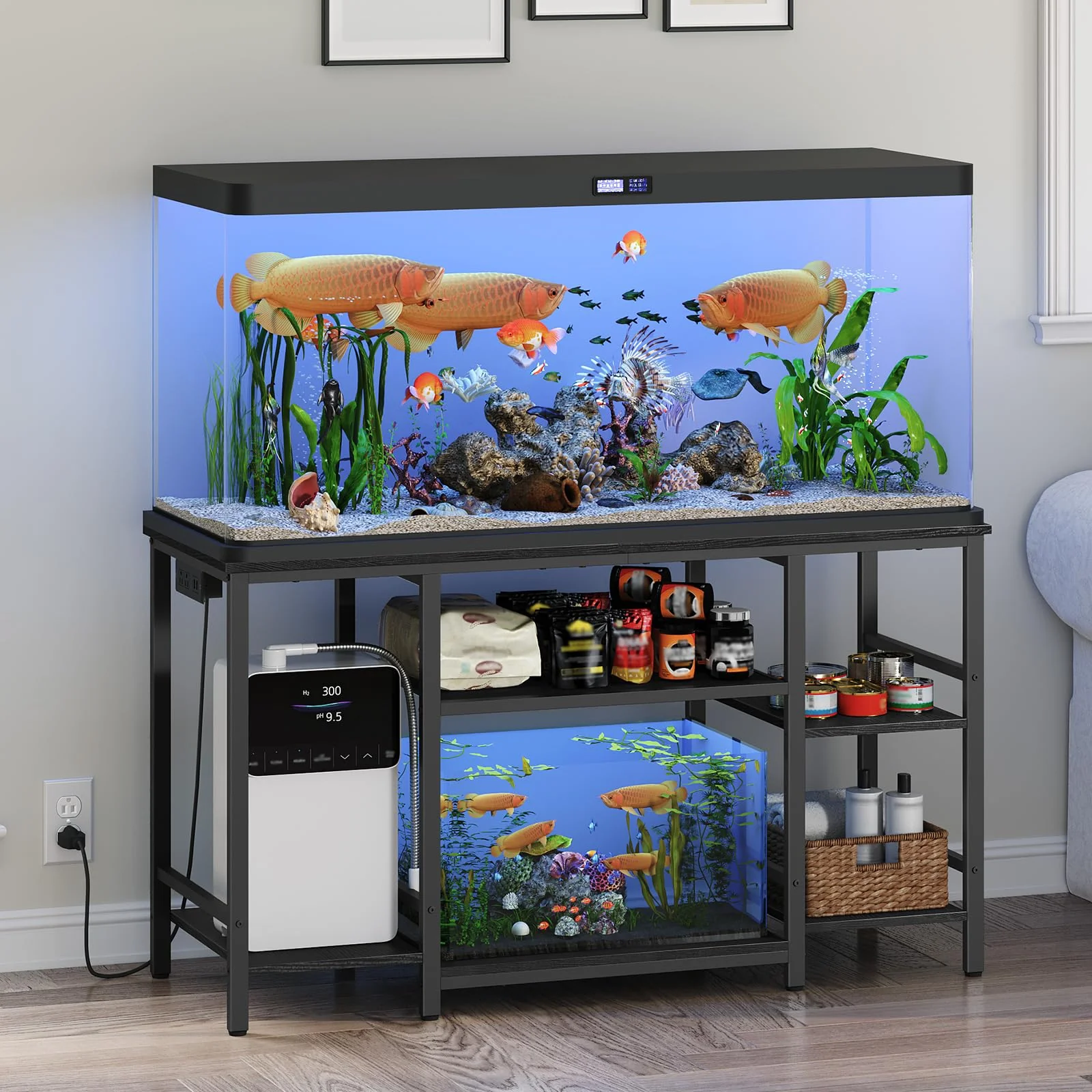 Outstanding MAHANCRIS 55-75 Gallon Fish Tank Stand with Power Outlet 3-Tier Heavy-Duty Black Stand High-Performance