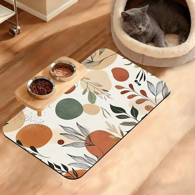 Artisan Boho Dog Cat Food Mat Abstract Leaves Absorbent Waterproof Placemat Optimized