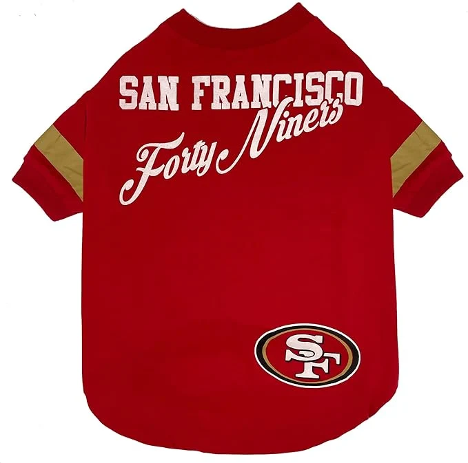 Detailed NFL San Francisco 49ers Dog Cat T-Shirt Medium. Football PET TEE for NFL Team Fans. New Updated Fashionable Stripe Design Durable Cute Sports OutfitAbout ThisOverview Fast