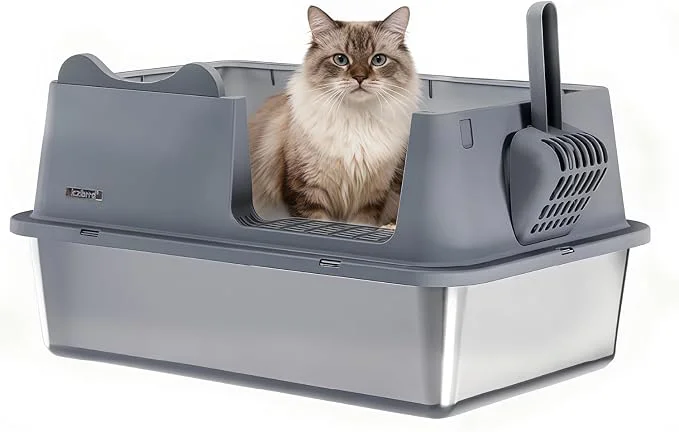 Optimized Stainless Steel Cat Litter Box Open Top High-Sided Metal Litter Box Original Design