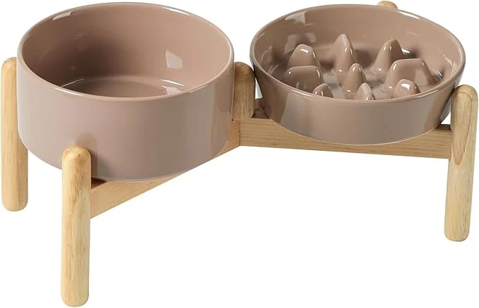Verified Ceramic 0.9 Cup Raised Slow Feeder Dog Bowl Set d 6.1inch Slow Dish and 6.1inch Water Bowl with Wooden Stand for Small Dogs 2 x Brown Coffee Stand About ThisOverview Crafted