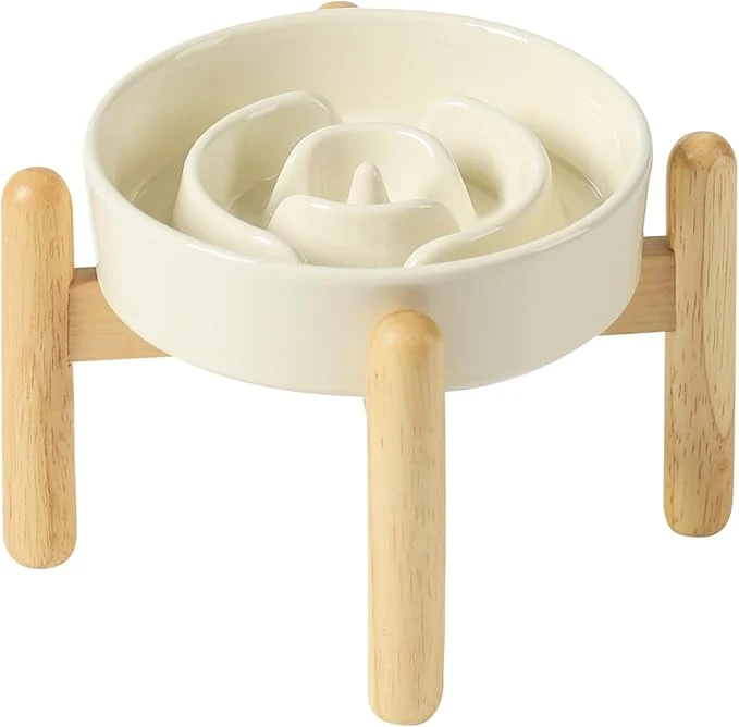 Crafted Ceramic 0.9 Cup Raised Dog Slow Feeder Set d Bowl with Wooden Stand for Small Dog and Cat 6.1inch Puzzle Slow Dog Food Dish Anti-Gulping Light Yellow Single Bowl Stand About ThisOverview Sustainable