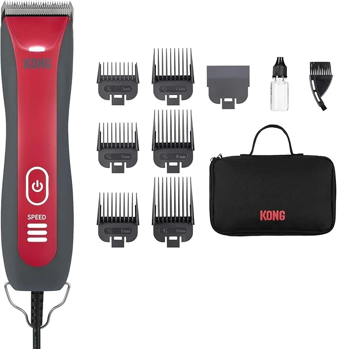 Quality Kong 3-Speed Dog Clipper Grooming Kit – Stainless Steel Blade Waterproof LED Spotlight 6 Guide Combs 10-Foot Cord Ergonomic Handle – Red Gray All Coat TypesAbout ThisOverview Professional